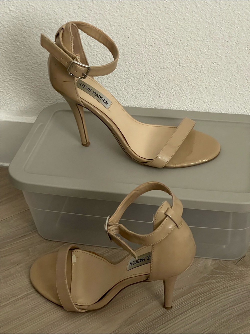 Steve Madden Beige Patent Ankle-Strap Stiletto Heels-Size 8.5